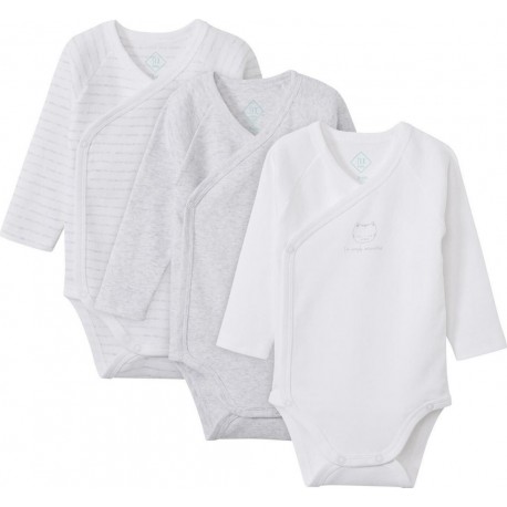 TEX BABY Body bébé blanc/gris coton Bio dès la naissance lot de 3 bodies