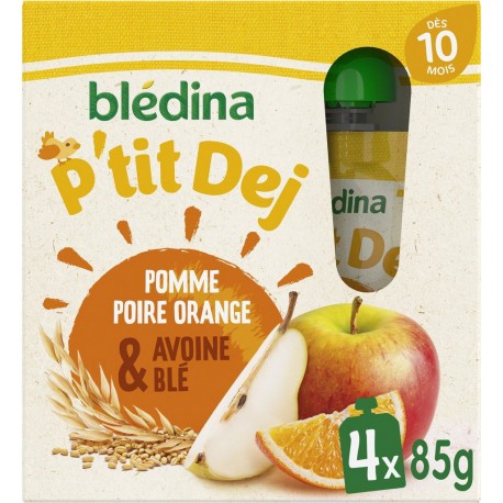 BLEDINA Compote bébé dès 10 mois pomme poire orange et avoine blé les 4 gourdes de 85g