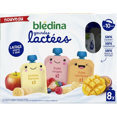 BLEDINA Compote Bébé Assortiment de Fruits Lactées dès 10 Mois les 8 gourdes de 85g