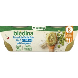 BLEDINA Ecrasé De Petits Pois Riz Cabillaud Et Petits Oignons les 2 pots de 200g