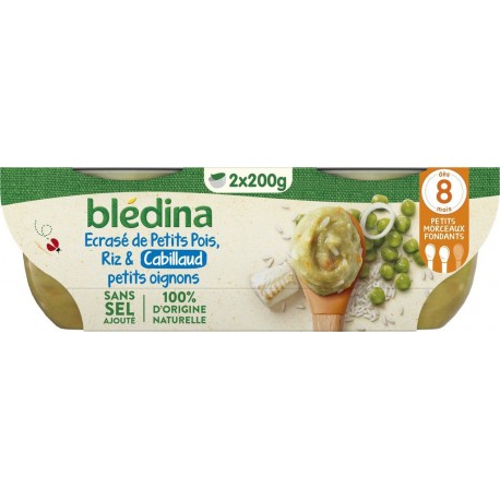 BLEDINA Ecrasé De Petits Pois Riz Cabillaud Et Petits Oignons les 2 pots de 200g