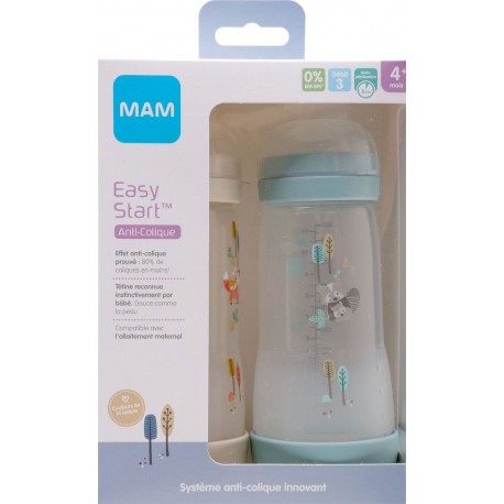 MAM BABY Biberon Anti-Colique Douce Auto-Stérilisation Facile Nature De 4 À 12 Mois Aqua + Lin le biberon de 320ml