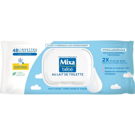 MIXA Lingettes Nettoyante Bébé Hypoallergénique au Lait de Toilette 48 lingettes