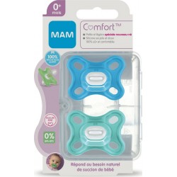 MAM Sucette Bébé Silicone Comfort Bleu 0+mois les 2 sucettes