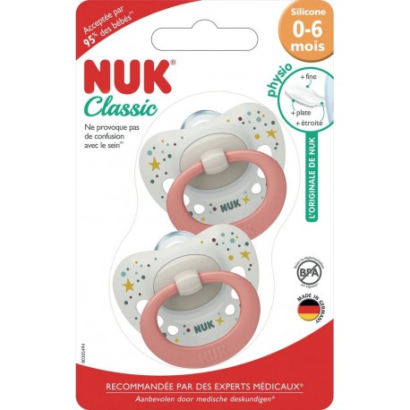 NUK Sucettes rose silicone 0-6 mois Classic lot de 2 sucettes