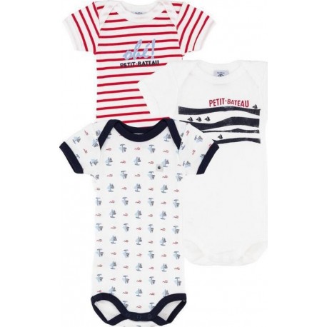 PETIT BATEAU Body bébé garçon marine/rouge coton Bio 12 mois lot de 3 bodies