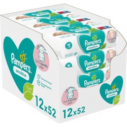 PAMPERS Lingettes Nettoyantes Bébé Sensitive pack de 12 paquets de 624 lingettes