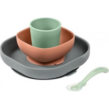 Silicone Beaba, Coffret Repas Bébé, Silicone, 4 Pieces, Mineral