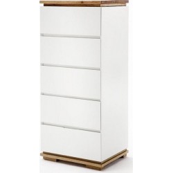 Commode Haute Charly Blanc Mat 5 Tiroirs Plateau Et Socle Chêne Massif