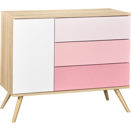 Commode 3 Tiroirs 1 Porte Seventies Bois Blanc Et Rose