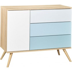 Commode 3 Tiroirs 1 Porte Seventies Bois Blanc Et Bleu