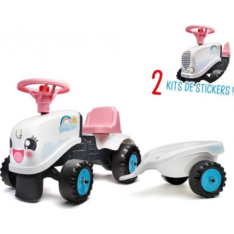 Porteur Tracteur Rainbow Farm Avec Remorque Et Kit De Stickers Alternatifs Blanc