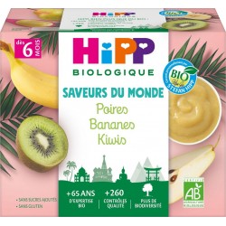 HIPP Dessert poires bananes kiwis Bio dés 6 mois BIOLOGIQUE les 4 pots de 100g