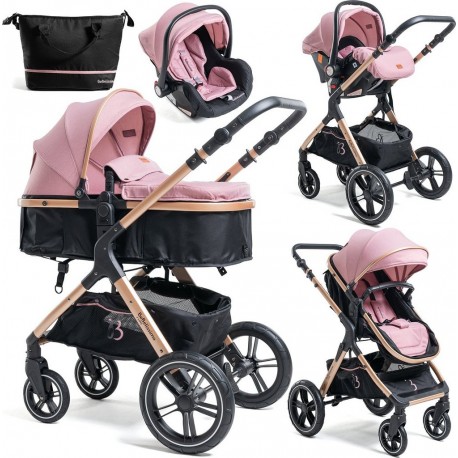 Bebelissimo Poussette Combinée Trio 3 En 1 Siège Auto 0m – Nacelle – Dès La Naissance – Jusqu’à 22Kg – Premium Rose