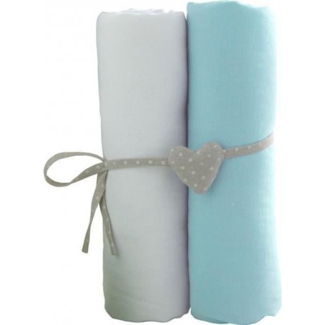 Babycalin 2 Draps Housse Bébé Blanc Turquoise 60 X 120 Cm Jersey 130gr/m²