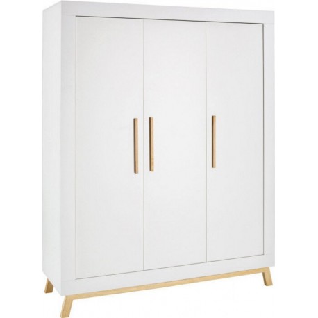 Clair Armoire Bébé 3 Portes Bois Blanc Et Pieds Hêtre MiamiL 154 X H 195 X P 53