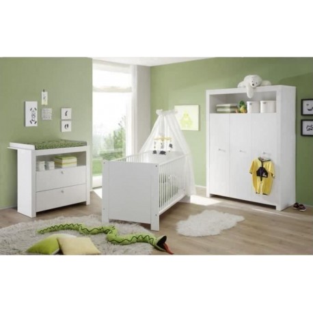 Olivia Chambre Bébé Complete Lit 70*140 Cm + Armoire + Commode Blanc