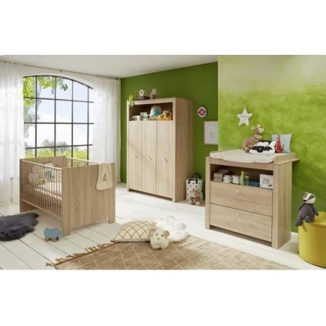 NC Olivia Sonoma Chambre Bébé Complete Lit 70x140 + Commode + Armoire Chene Naturel