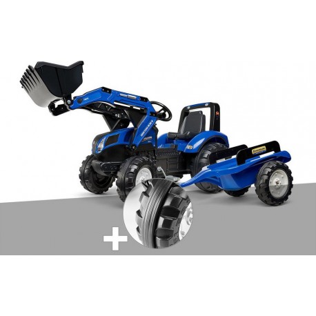 NC Tractopelle Enfant New Holland 3 À 7 Ans Falk + Pack 4 Bandes De Roulement