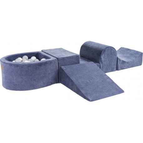 Aire De Jeux En Mousse Avec Piscine À Balles, Velours, 4 Élé, Bleu Gris Blanc/gris, 100 Pcs