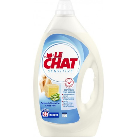 LE CHAT Lessive Liquide Sensitive au Savon de Marseille et Aloe Vera le bidon de 2.835L