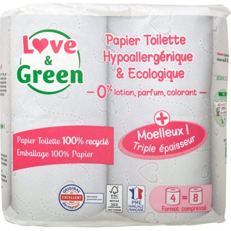 LOVE GREEN Papier Toilette Hypoallergénique et Eco LOVE & GREEN les 4 rouleaux