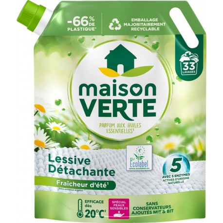 MAISON VERTE Lessive Liquide Hypoallergénique Détachante Fraîcheur d'Eté pour Peaux Sensibles la recharge de 1,485L