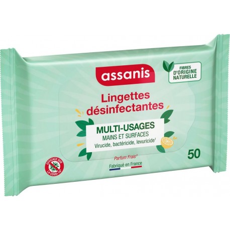 ASSANIS Lingettes Désinfectantes Multi-Usages Mains et Surfaces Parfum Frais 50 lingettes