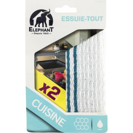 ELEPHANT Lavette cuisine 32x32cm LBD les 2 essuie tout