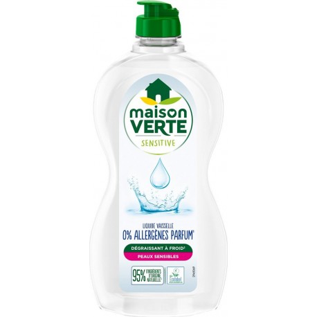 MAISON VERTE Liquide Vaisselle Hypoallergénique Dégraissant à Froid pour Peaux Sensibles 0% Allergènes Parfum 500ml