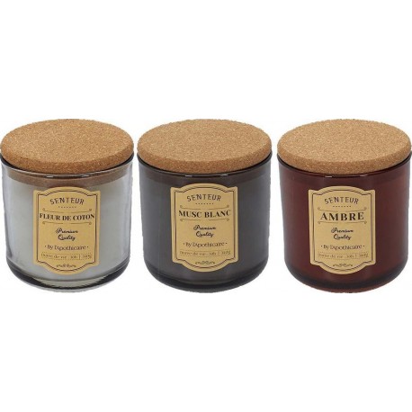 Lot De 3 Bougies Parfumées Senteurs Ambre, Fleur De Coton Et Musc Blanc Bouchon Liège