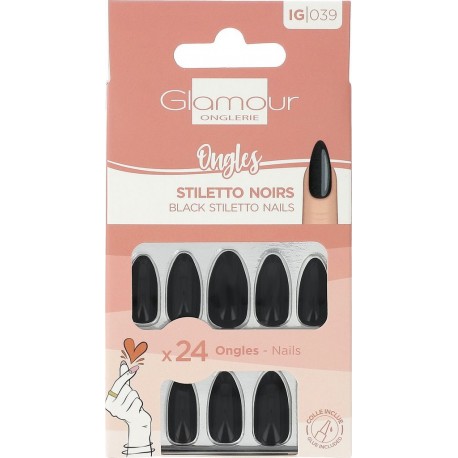 GLAMOUR Faux Ongles Stiletto Noir BEAUTE 24 pièces