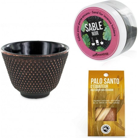 Porte-encens Coupelle Noir Et Doré + Sable Noir + Bâtonnets Palo Santo