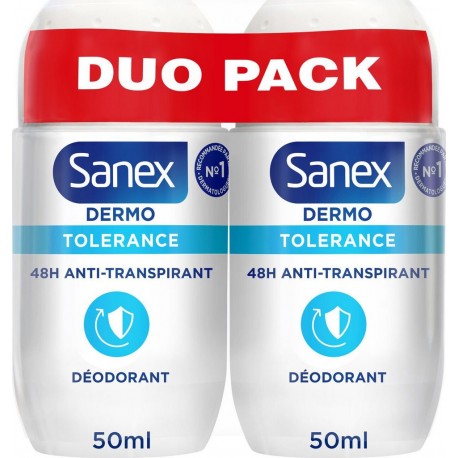 SANEX Déodorant Anti-Transpirant 48H Tolérance Dermo lot de 2 roll-on de 50ml