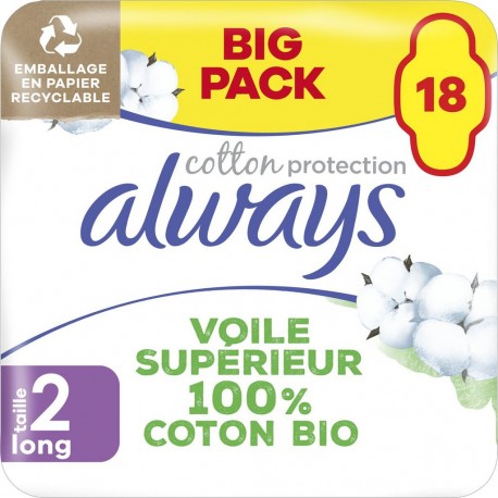 ALWAYS Serviette Hygiénique Voile Supérieur 100% Coton Bio Protection 18 serviettes