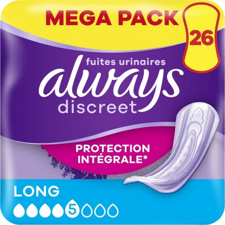 ALWAYS Serviettes Hygiéniques Fuites Urinaires Protection Intégrale Long Discreet pack de 26 serviettes