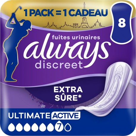 ALWAYS Serviettes Hygiéniques Fuites Urinaires Ultimate Active Extra Sûre Discreet pack de 8 serviettes