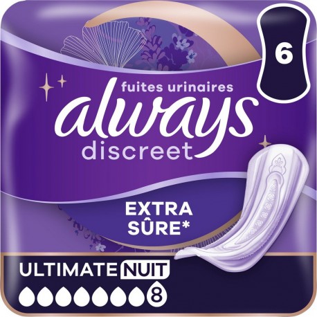 ALWAYS Serviettes Hygiéniques Fuites Urinaires Ultimate Nuit Extra Sûre Discreet pack de 6 serviettes