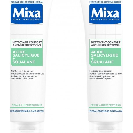 MIXA Nettoyant Visage Confort Anti-Imperfections à l'Acide Salicylique et Squalane lot de 2 flacons de 300ml