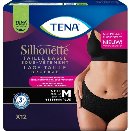 TENA Cutottes Fuites Urinaires Taille Basse Plus Taille M Noir Silhouette pack de 12 culottes