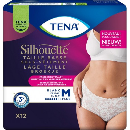 TENA Culottes Fuites Urinaires Taille Basse Protection Totale Taille M Blanc Silhouette pack de 12 culottes