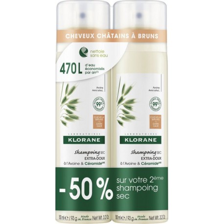 KLORANE Shampooing Sec à l'Avoine & Céramide Cheuveux Châtin à Bruns lot de 2 sprays de 150ml