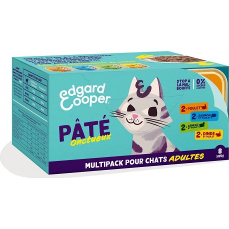 Edgard Cooper CHAT 2xAGNEAU&POULET 2xDINDE&POULET 2xPOULET 2xSAUMON&POULET 8x85g 680G