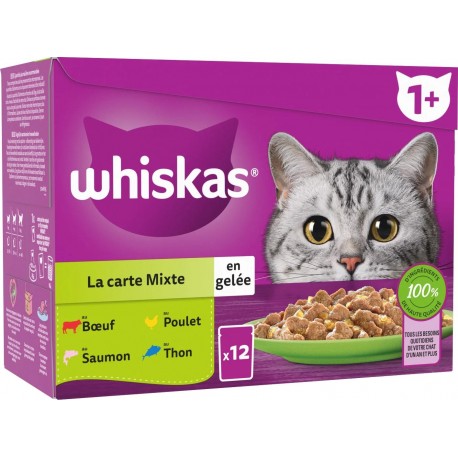 WHISKAS Croquettes pour chat en gelée 4 variétés 12x85g 1.02Kg
