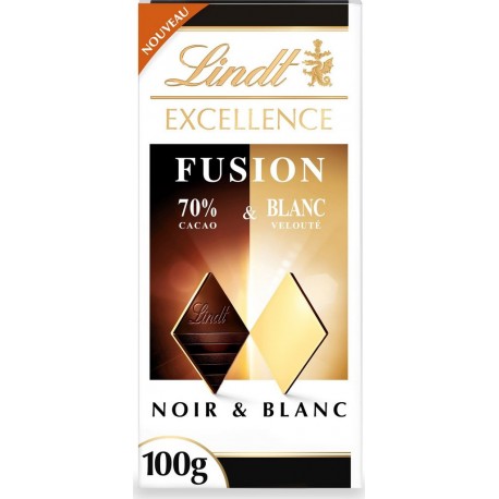 LINDT Tablette de chocolat excellence fusion noir 70% et blanc la tablette de 100g