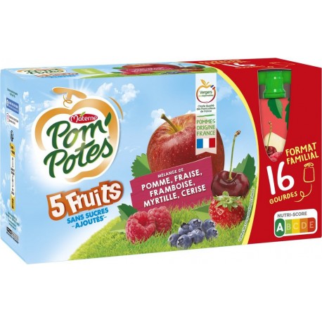 POM'POTES Compotes 5 fruits pomme fraise framboise myrtille cerise sans sucres ajoutés les 16 gourdes de 90g