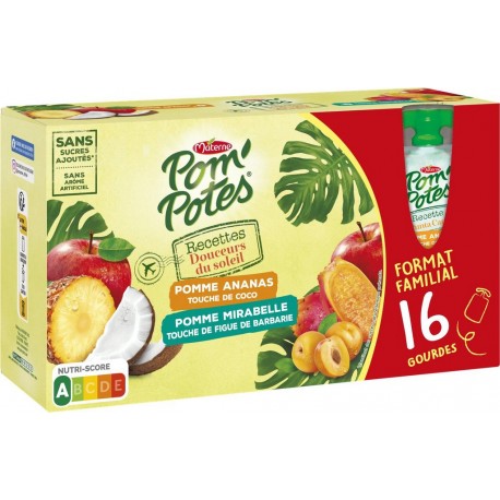 POM'POTES Compotes Recette Douceurs du Soleil pomme mirabelle figue de barbarie, pomme ananas coco sans sucres ajoutés les 16 go