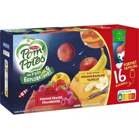 POM'POTES Compotes Les P'tits Explorateurs pomme fraise framboise, banane vanille sans sucres ajoutés les 16 gourdes de 90g