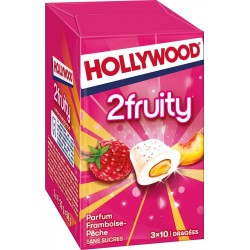 HOLLYWOOD Chewing gum 2 fruity framboise pêche sans sucres les 3 boîtes de 10 dragées
