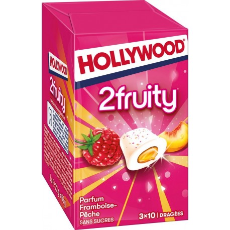 HOLLYWOOD Chewing gum 2 fruity framboise pêche sans sucres les 3 boîtes de 10 dragées
